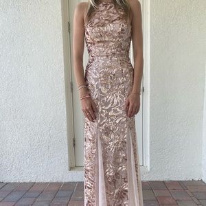 Rose gold form fitting Prom dress